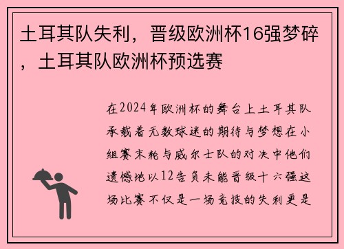 土耳其队失利，晋级欧洲杯16强梦碎，土耳其队欧洲杯预选赛