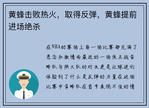 黄蜂击败热火，取得反弹，黄蜂提前进场绝杀