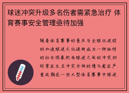 球迷冲突升级多名伤者需紧急治疗 体育赛事安全管理亟待加强