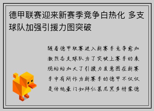 德甲联赛迎来新赛季竞争白热化 多支球队加强引援力图突破